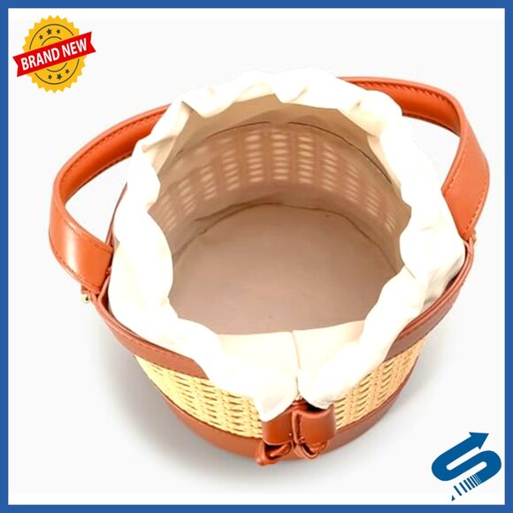 Rattan Straw Tote Bucket Bag PU Leather Summer Beach Holiday Purse Elegant Boho - Picture 3 of 7